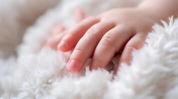 The Delicate Touch of a Baby Hand on Fluffy Texture. photo