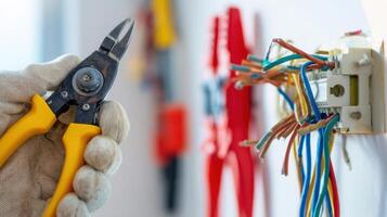 The electrician using pliers to work on electrical wiring at home. photo