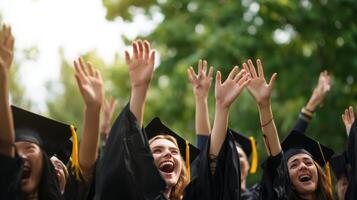 The graduates celebrate their achievements with joy and excitement in nature. photo