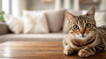 The adorable tabby cat relaxing on a wooden table in a cozy living room. photo
