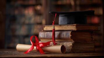 The graduation cap and diploma on vintage books in a library setting. photo