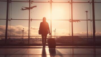 The traveler gazes through the airport window at planes taking off into the sunset. photo