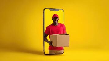 The delivery man emerges from a smartphone with a box in hand. photo