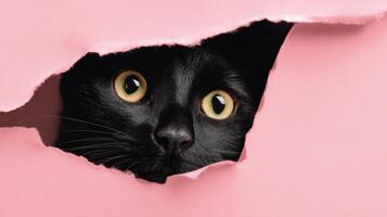 The curious black cat peeking through a pink paper hole. photo