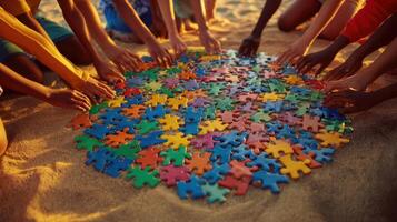 The colorful puzzle being assembled by children on the beach during sunset. photo