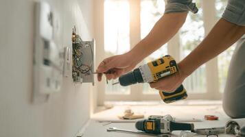 The technician installing electrical wiring with a cordless drill in a modern home. photo