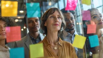 The diverse team brainstorming ideas with colorful sticky notes in an office setting. photo