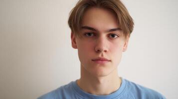 The portrait of a serious young man against a clean background. photo