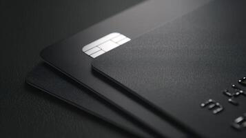 The luxurious black credit cards stacked on a sleek surface. photo
