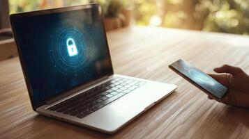 The laptop and smartphone displaying digital security lock concepts. photo
