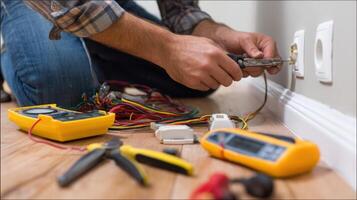 The electrician working on electrical wiring in a residential setting. photo