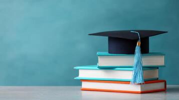 The graduation cap resting on a stack of colorful books on a textured background. photo