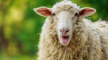 The adorable sheep smiling in a serene green pasture. photo