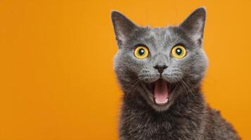 The adorable gray cat showcasing a vibrant expression against a bright orange backdrop. photo