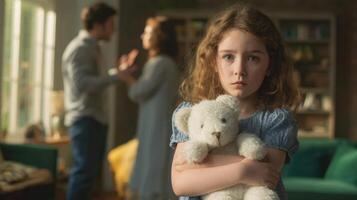 The girl holding a teddy bear amidst family conflict and emotional distress. photo