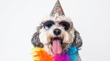 The cheerful dog celebrating in stylish accessories and vibrant colors. photo
