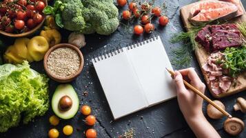 The hand writing in a notebook surrounded by fresh vegetables and healthy ingredients. photo