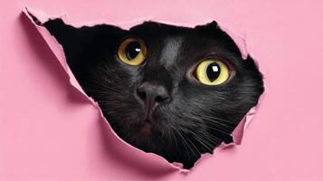 The curious black cat peeking through a pink wall hole. photo