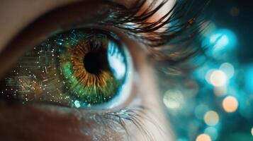 The Eye Displays Intricate Digital Circuits and Vivid Green Colors. photo