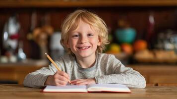 The cheerful boy writing in his notebook at home with a smile. photo