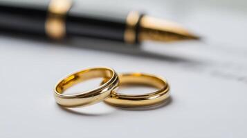 The Beautiful Wedding Rings Resting Beside a Elegant Fountain Pen on Document photo