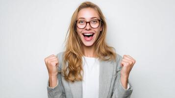 The excited woman celebrating success with joy and enthusiasm in a studio setting. photo