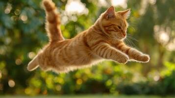 The cat gracefully jumps through the air in a sunny outdoor setting. photo
