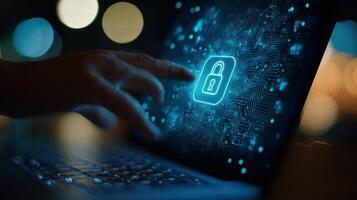 The digital lock symbol illuminating a laptop screen during a cybersecurity interaction. photo