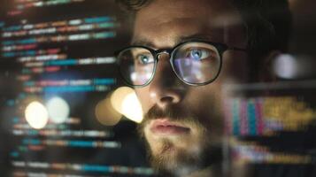 The focused programmer analyzes code on a digital screen in a modern workspace photo