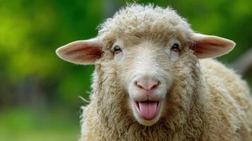 The delightful sheep with a playful expression against a serene green background. photo