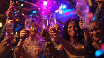 The joyful celebration of friends toasting with glasses at a lively party. photo