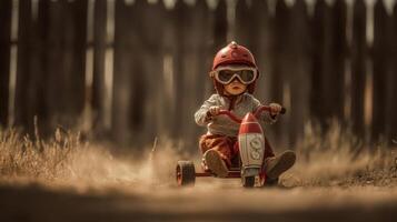 The adventurous child riding a vintage toy tricycle in a sunny outdoor setting. photo