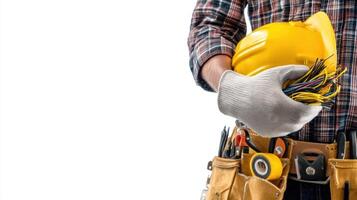 The skilled worker holding a yellow hardhat and electrical wires in safety gloves. photo