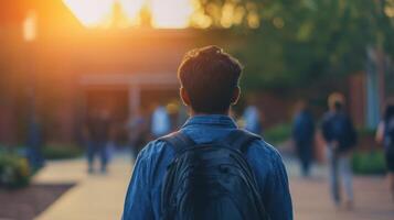 The student enjoying a sunset walk through a bustling campus environment. photo