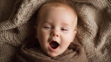 The adorable baby yawning peacefully in a cozy, warm blanket. photo