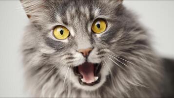 The surprised cat with striking yellow eyes and fluffy fur. photo