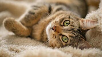 The adorable cat relaxing comfortably on a fluffy blanket. photo