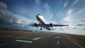 The airplane taking off against a dramatic sky and expansive landscape. photo