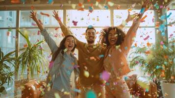 The joyful friends celebrating with confetti in a vibrant indoor setting. photo