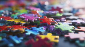 The colorful jigsaw puzzle pieces scattered across a vibrant surface. photo