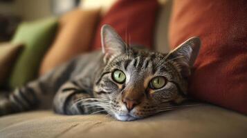 The tabby cat lounging comfortably on a couch surrounded by colorful cushions. photo