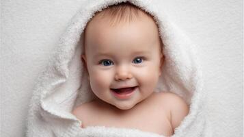 The adorable baby wrapped in a fluffy white blanket with a joyful smile. photo