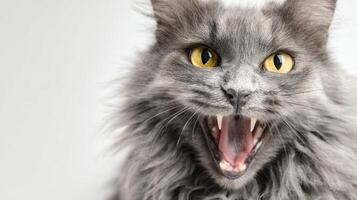 The fierce gray cat displaying its charming personality through playful growls. photo