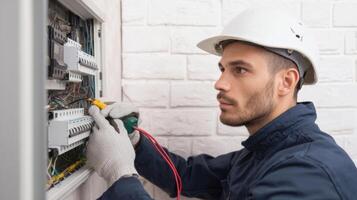The electrician repairing an electrical panel with tools and precision. photo