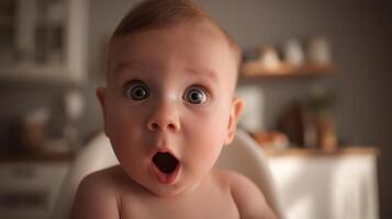The surprised baby expresses astonishment in a cozy, modern kitchen setting. photo