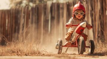 The child in a red helmet riding a tricycle with a rocket. photo