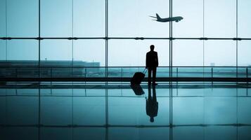 The businessman waiting at the airport with a suitcase, watching the departing airplane. photo
