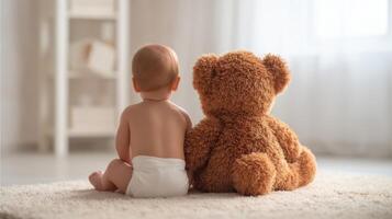 The baby and teddy bear sharing a peaceful moment together. photo