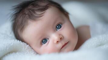 The adorable baby with bright blue eyes resting on a soft blanket photo