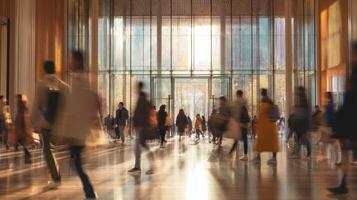 The bustling urban lobby filled with people moving through bright glass doors. photo